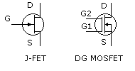 schematic of J-FET transistor and dual gate mosfet transistor